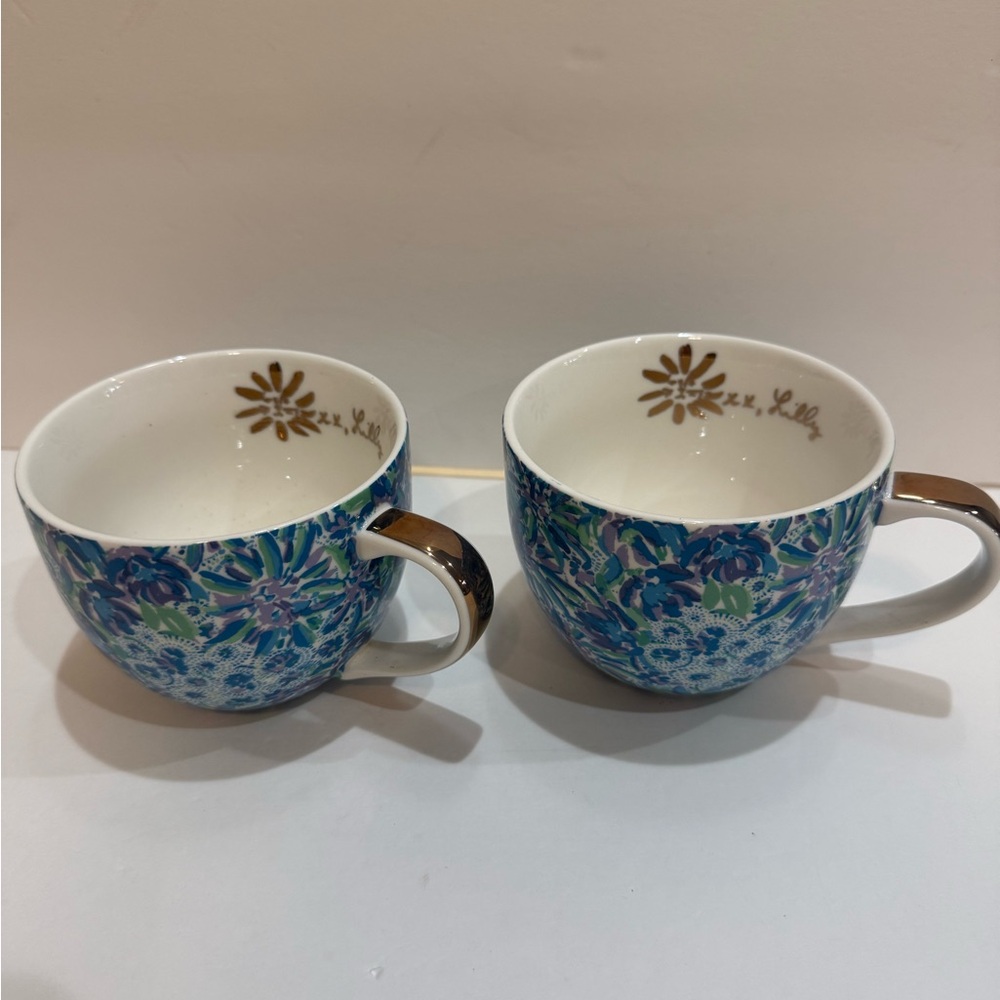 Pair of Lilly Pulitzer Ceramic Floral Coffee & Tea Mugs Cups Gold Trim 12oz Blue